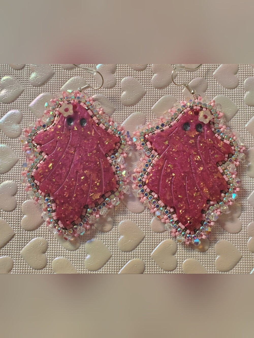 Handmade Pink Beaded Ghost And Skull Drop Earrings